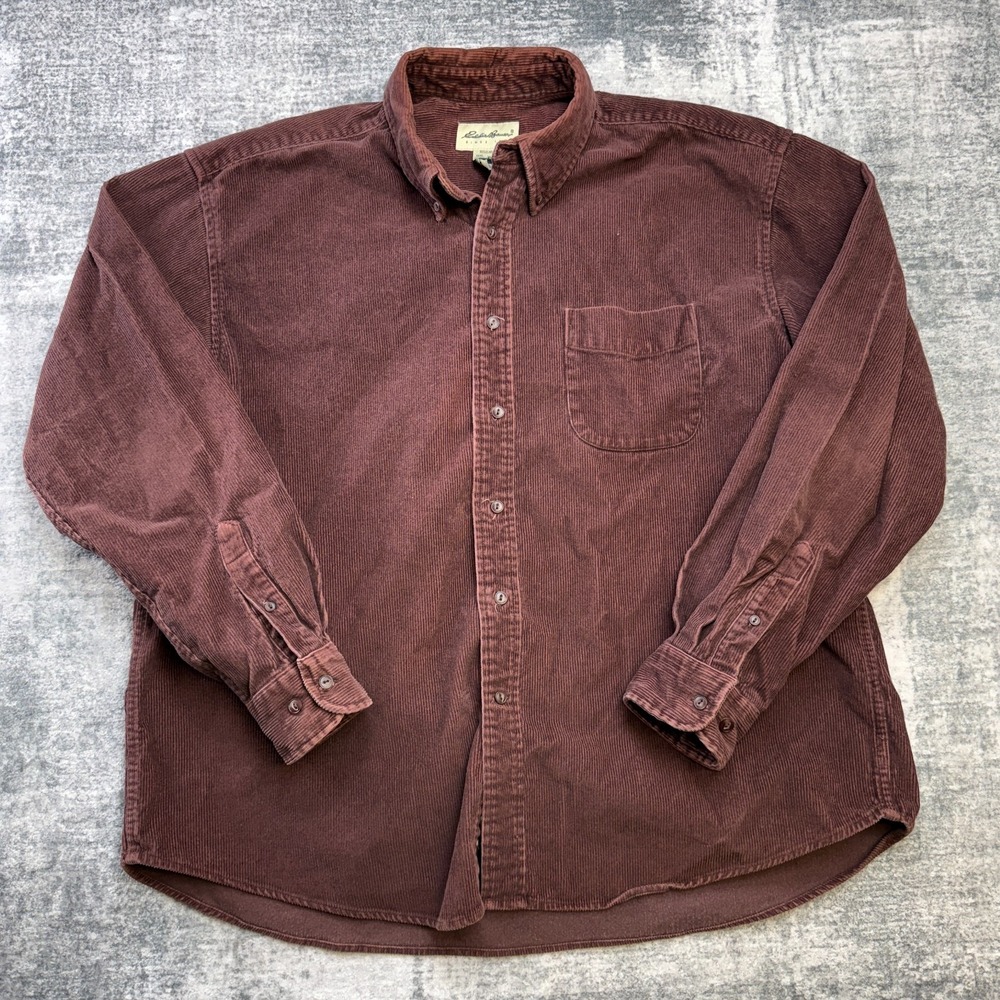 VTG Eddie Bauer Corduroy Shirt Mens XL Brown Heavy Cotton Workshirt Oversized
